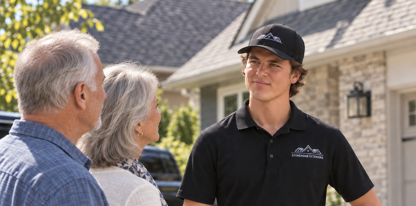 A Stoneridge Exteriors team member talking with two homeowners in their driveway